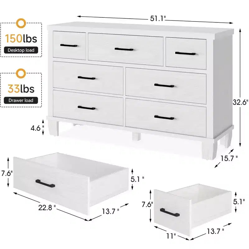 Comò da camera da letto con 7 cassetti, cassettiera portaoggetti con maniglia in metallo, organizer comò in legno per soggiorno, ingresso, bianco