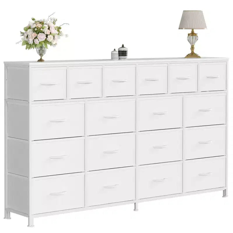 Cassettiera con 18 cassetti in tessuto, Cassettiera in tessuto da 160 cm con stazione di ricarica, Cassettiere robuste e capienti per camera da letto, Piano in legno, Struttura in acciaio