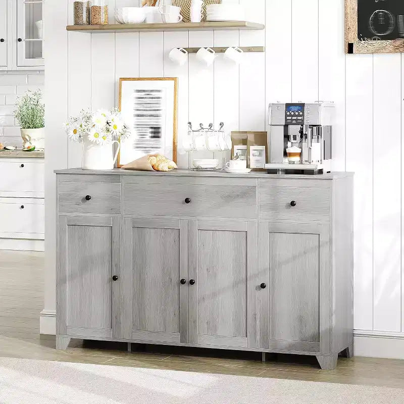 Mobile credenza buffet grande 55 pollici, mobile bar da cucina moderno in legno con 4 ante, 3 cassetti e ripiani regolabili per sala da pranzo cucina