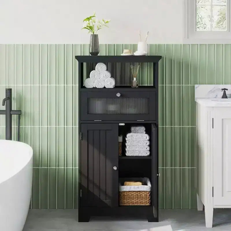 Mobile bagno a colonna, nero, ante in vetro apribili, 2 ante, ripiano regolabile, vano a giorno, per bagno, soggiorno o corridoio