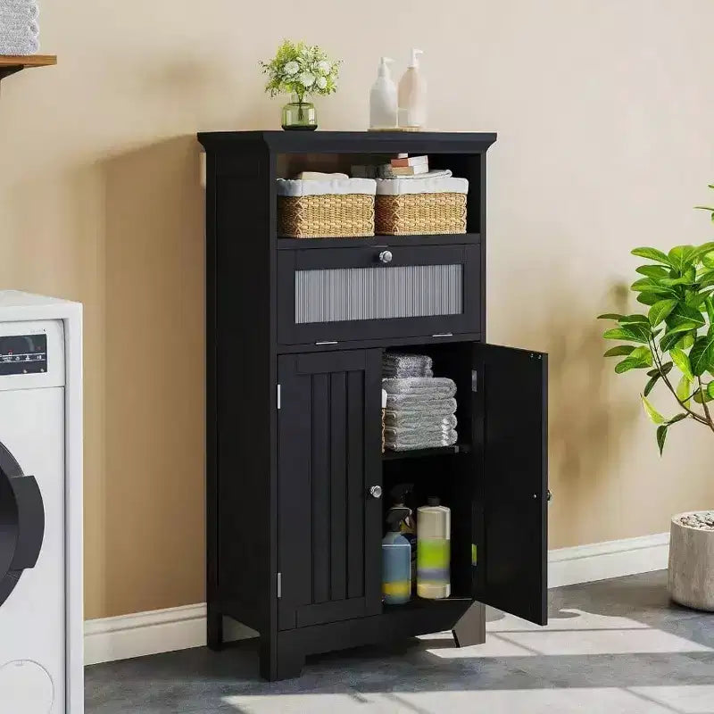 Mobile bagno a colonna, nero, ante in vetro apribili, 2 ante, ripiano regolabile, vano a giorno, per bagno, soggiorno o corridoio