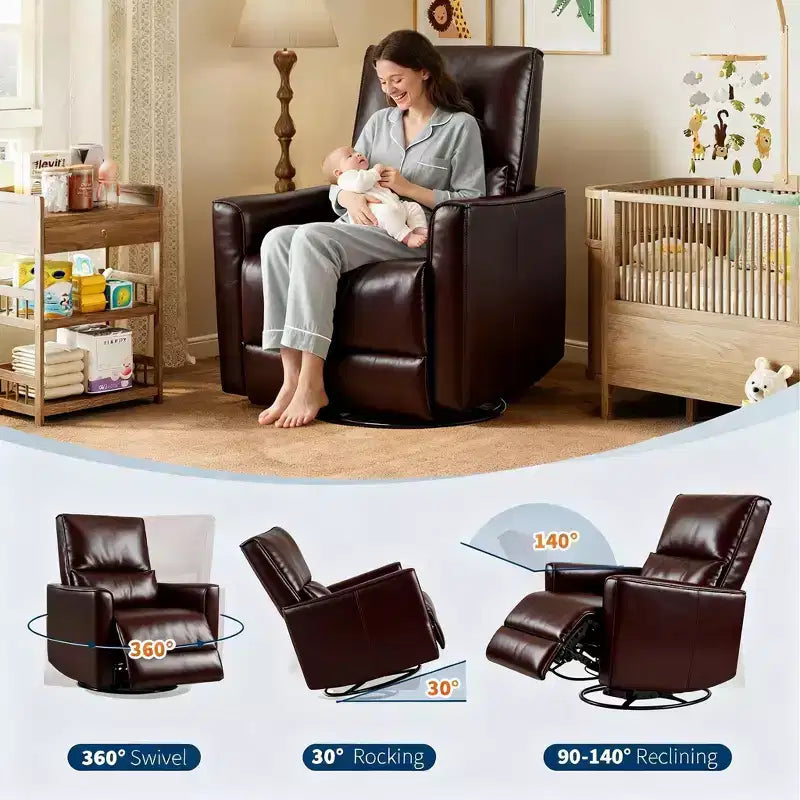 Poltrona Reclinabile, Poltrona a Dondolo Girevole a 360 Gradi per Nursery con Braccioli Imbottiti e Seduta Profonda, Divano Reclinabile Rivestito in Pelle PU