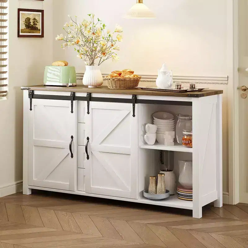 Buffet credenza da fattoria a 4 cassetti con porta scorrevole "stile fienile" e maniglie in metallo