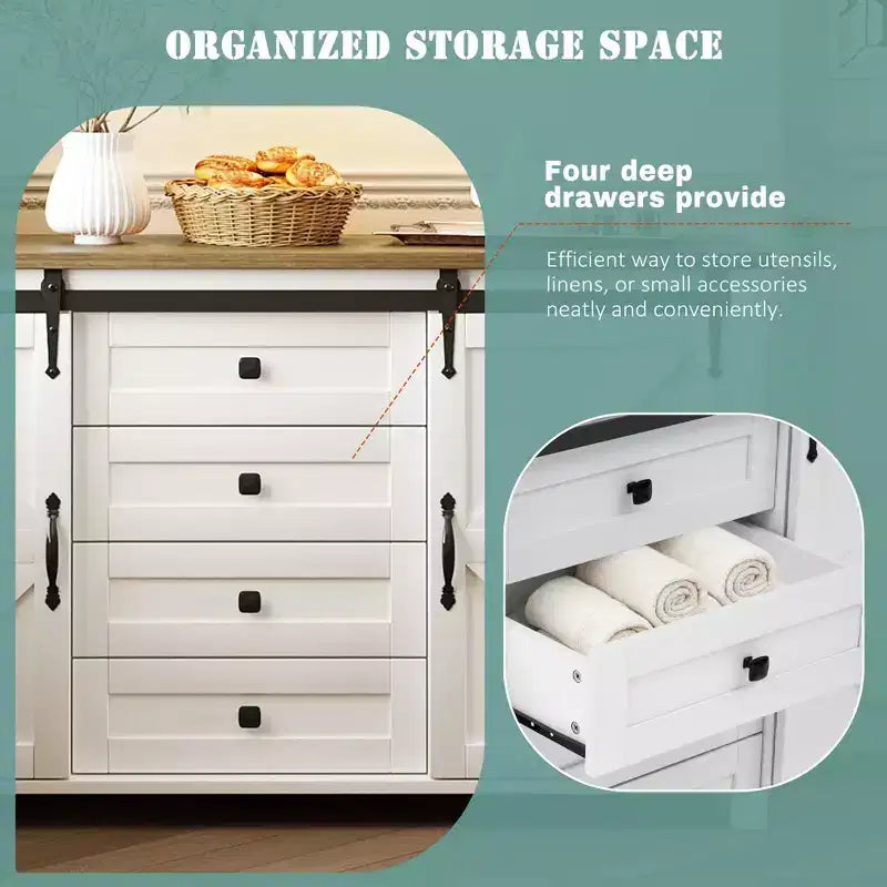 Buffet credenza da fattoria a 4 cassetti con porta scorrevole "stile fienile" e maniglie in metallo