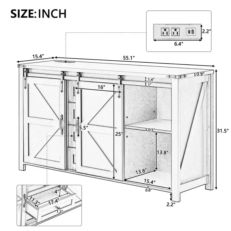 Buffet credenza da fattoria a 4 cassetti con porta scorrevole "stile fienile" e maniglie in metallo