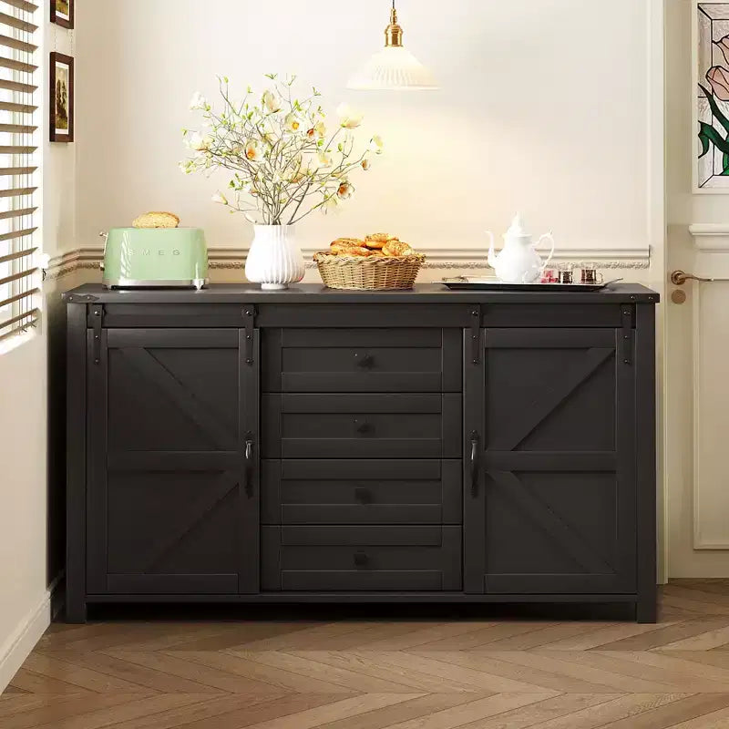 Buffet credenza da fattoria a 4 cassetti con porta scorrevole "stile fienile" e maniglie in metallo