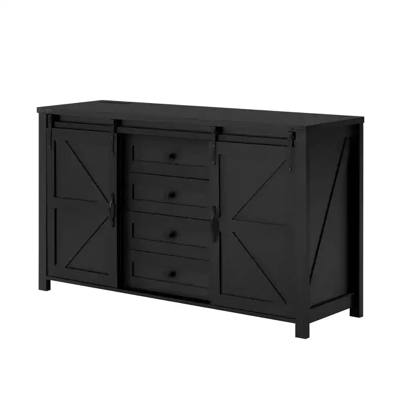 Buffet credenza da fattoria a 4 cassetti con porta scorrevole "stile fienile" e maniglie in metallo