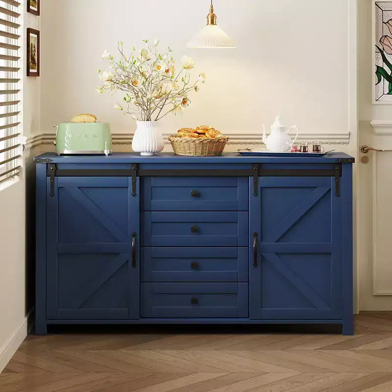 Buffet credenza da fattoria a 4 cassetti con porta scorrevole "stile fienile" e maniglie in metallo