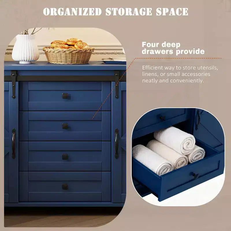 Buffet credenza da fattoria a 4 cassetti con porta scorrevole "stile fienile" e maniglie in metallo