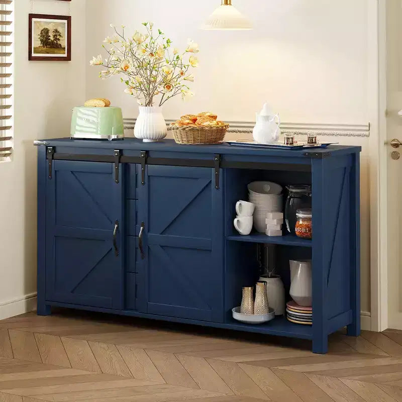 Buffet credenza da fattoria a 4 cassetti con porta scorrevole "stile fienile" e maniglie in metallo