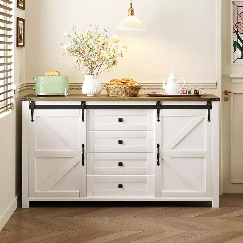 Buffet credenza da fattoria a 4 cassetti con porta scorrevole "stile fienile" e maniglie in metallo
