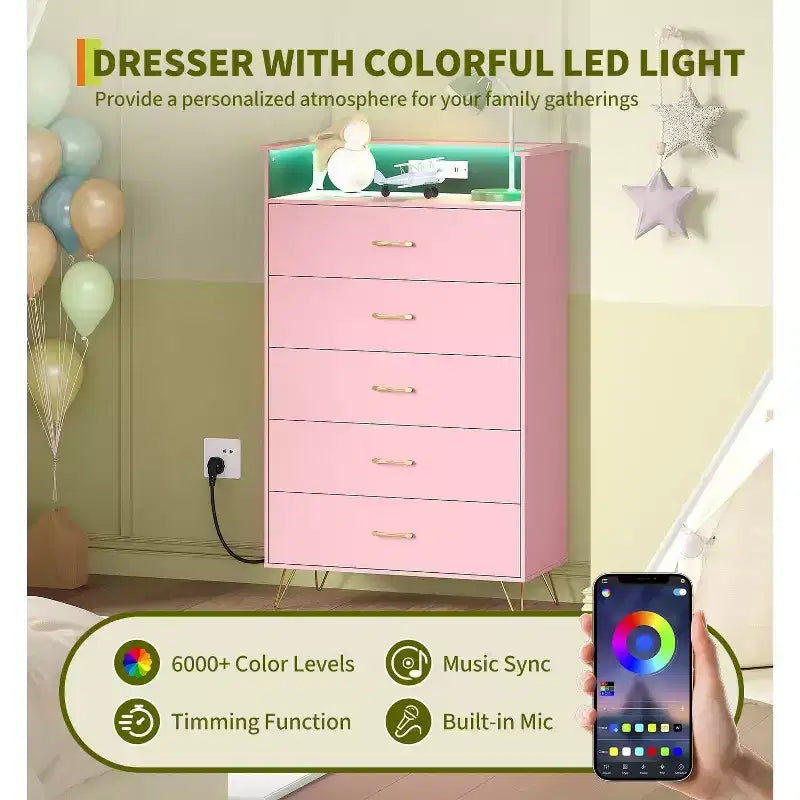 Comodino alto a 5 cassetti con guide a chiusura silenziosa, organizer contenitore resistente all'acqua per corridoio, armadio e camera da letto, armadietto dal design sottile salvaspazio