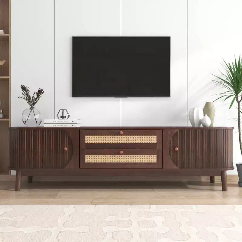 Mobile TV in Rattan per TV fino a 75", Consolle Multimediale Modern Farmhouse con Gambe in Legno