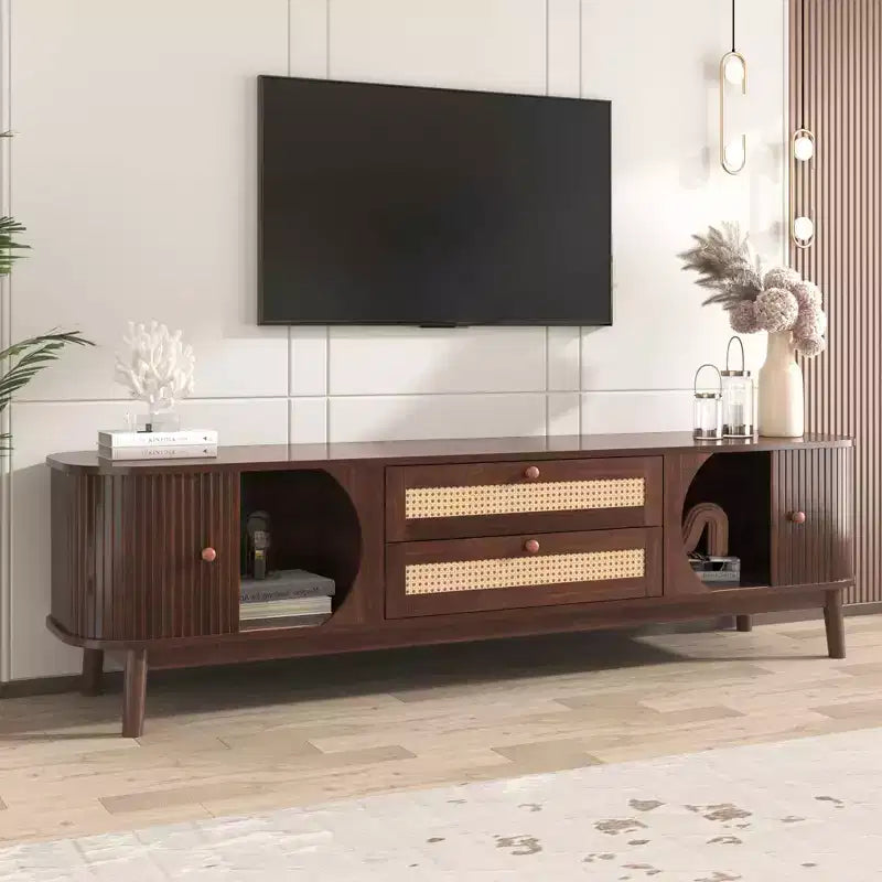 Mobile TV in Rattan per TV fino a 75", Consolle Multimediale Modern Farmhouse con Gambe in Legno