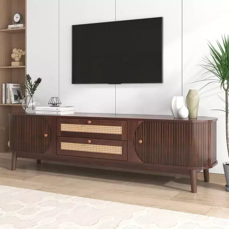 Mobile TV in Rattan per TV fino a 75", Consolle Multimediale Modern Farmhouse con Gambe in Legno