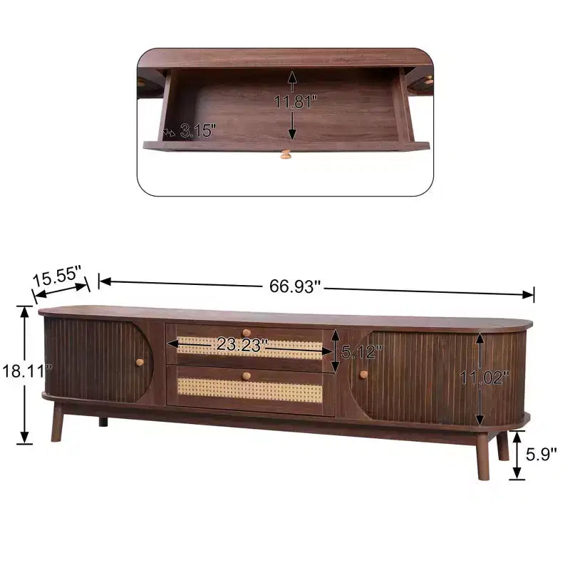 Mobile TV in Rattan per TV fino a 75", Consolle Multimediale Modern Farmhouse con Gambe in Legno