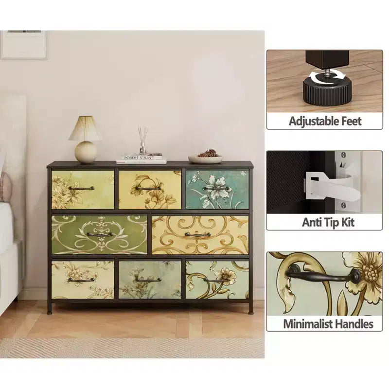 Cassettiera a 8 cassetti grande e ampia, stile vintage, con struttura in metallo e piano in legno, per camera da letto, corridoio, ingresso, mobili per la casa