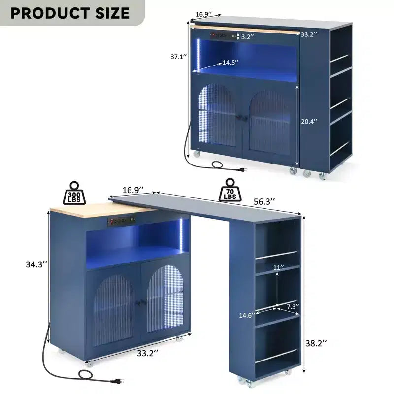 Carrello Cucina con Ruote e Tavolo Estensibile, Luci LED, Presa di Corrente, 2 Ante in Vetro Scanalato, Vano Contenitore, 3 Ripiani Laterali Aperti
