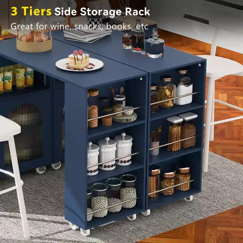 Carrello Cucina con Ruote e Tavolo Estensibile, Luci LED, Presa di Corrente, 2 Ante in Vetro Scanalato, Vano Contenitore, 3 Ripiani Laterali Aperti