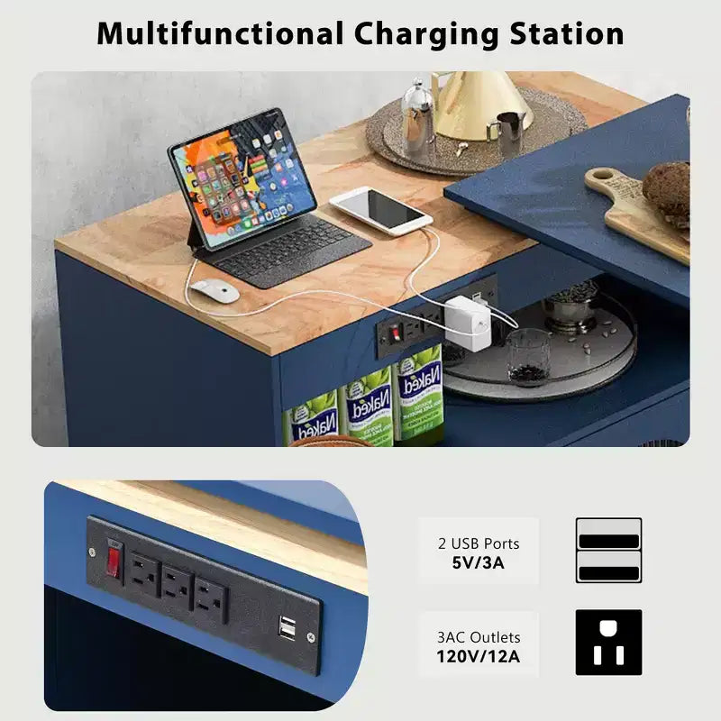 Carrello Cucina con Ruote e Tavolo Estensibile, Luci LED, Presa di Corrente, 2 Ante in Vetro Scanalato, Vano Contenitore, 3 Ripiani Laterali Aperti