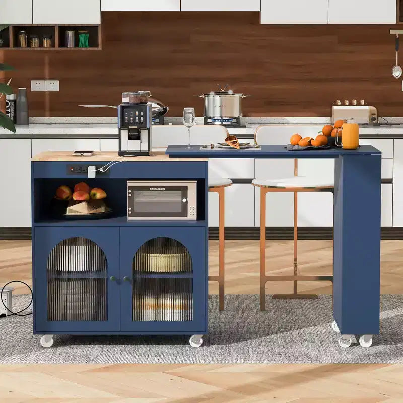 Carrello Cucina con Ruote e Tavolo Estensibile, Luci LED, Presa di Corrente, 2 Ante in Vetro Scanalato, Vano Contenitore, 3 Ripiani Laterali Aperti