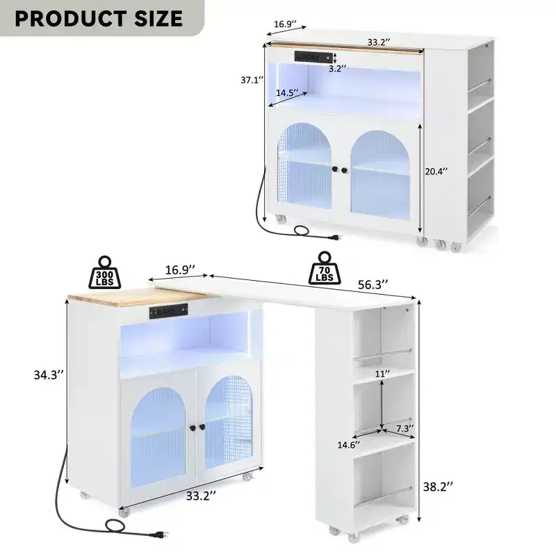 Carrello Cucina con Ruote e Tavolo Estensibile, Luci LED, Presa di Corrente, 2 Ante in Vetro Scanalato, Vano Contenitore, 3 Ripiani Laterali Aperti