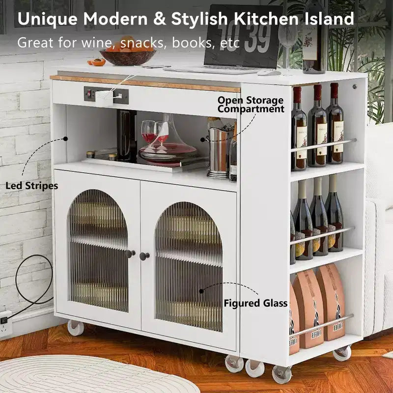 Carrello Cucina con Ruote e Tavolo Estensibile, Luci LED, Presa di Corrente, 2 Ante in Vetro Scanalato, Vano Contenitore, 3 Ripiani Laterali Aperti