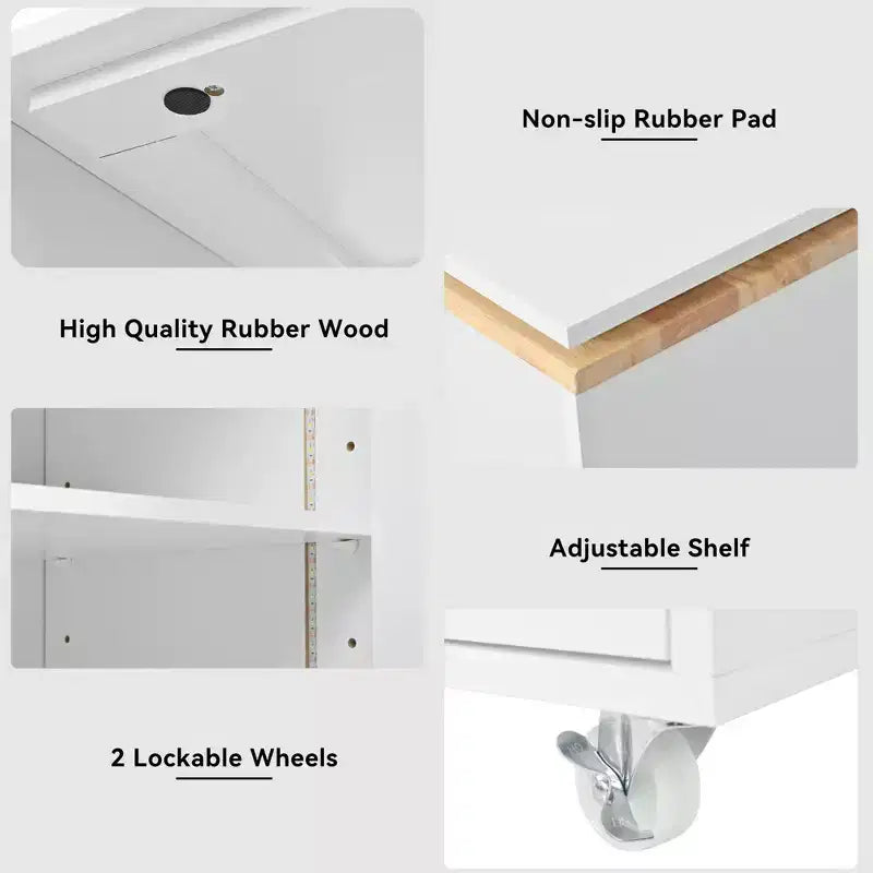 Carrello Cucina con Ruote e Tavolo Estensibile, Luci LED, Presa di Corrente, 2 Ante in Vetro Scanalato, Vano Contenitore, 3 Ripiani Laterali Aperti