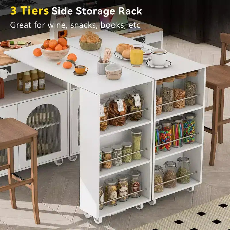 Carrello Cucina con Ruote e Tavolo Estensibile, Luci LED, Presa di Corrente, 2 Ante in Vetro Scanalato, Vano Contenitore, 3 Ripiani Laterali Aperti