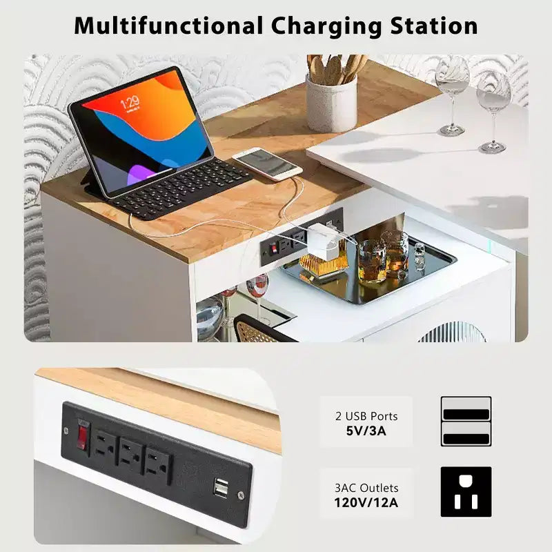 Carrello Cucina con Ruote e Tavolo Estensibile, Luci LED, Presa di Corrente, 2 Ante in Vetro Scanalato, Vano Contenitore, 3 Ripiani Laterali Aperti