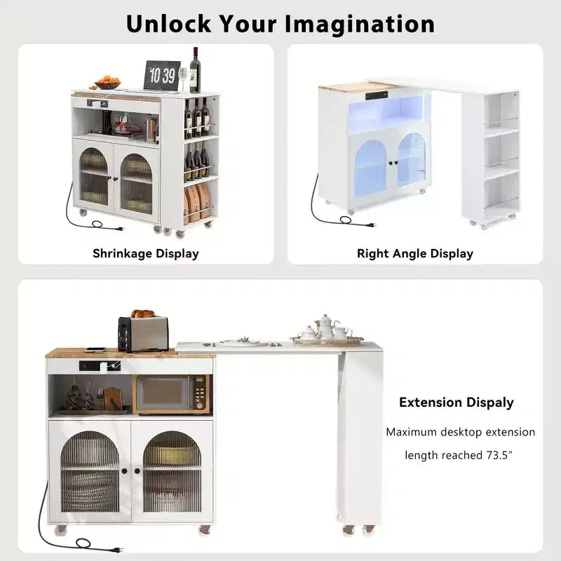 Carrello Cucina con Ruote e Tavolo Estensibile, Luci LED, Presa di Corrente, 2 Ante in Vetro Scanalato, Vano Contenitore, 3 Ripiani Laterali Aperti