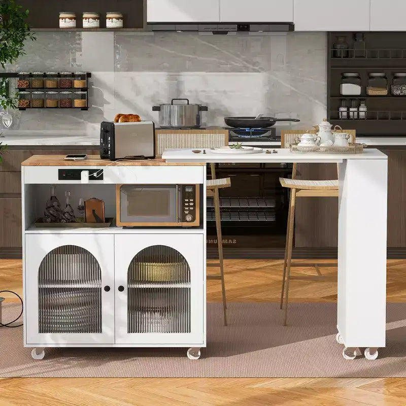 Carrello Cucina con Ruote e Tavolo Estensibile, Luci LED, Presa di Corrente, 2 Ante in Vetro Scanalato, Vano Contenitore, 3 Ripiani Laterali Aperti