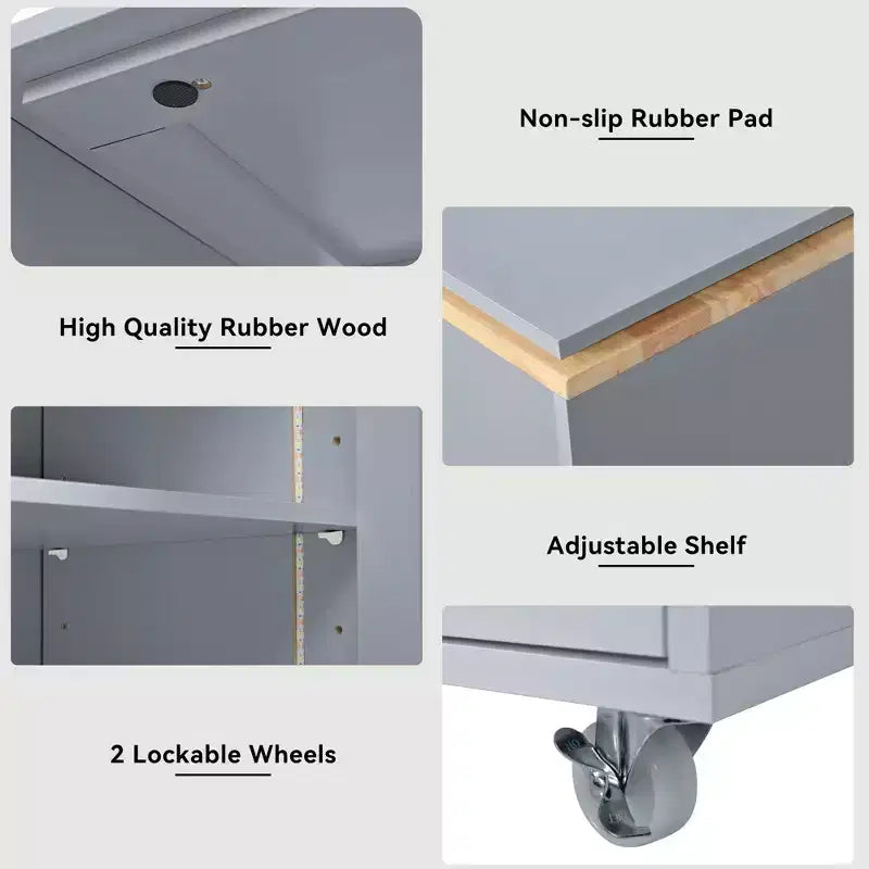 Carrello Cucina con Ruote e Tavolo Estensibile, Luci LED, Presa di Corrente, 2 Ante in Vetro Scanalato, Vano Contenitore, 3 Ripiani Laterali Aperti