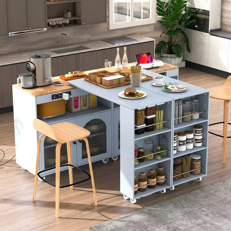 Carrello Cucina con Ruote e Tavolo Estensibile, Luci LED, Presa di Corrente, 2 Ante in Vetro Scanalato, Vano Contenitore, 3 Ripiani Laterali Aperti