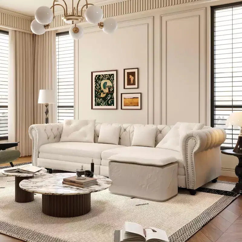 Divano Letto a 3 Posti in Velluto da 226 cm con Ottomana Spostabile, Estraibile 3-in-1 Misura King