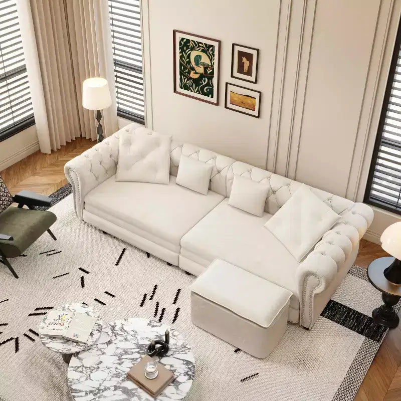 Divano Letto a 3 Posti in Velluto da 226 cm con Ottomana Spostabile, Estraibile 3-in-1 Misura King