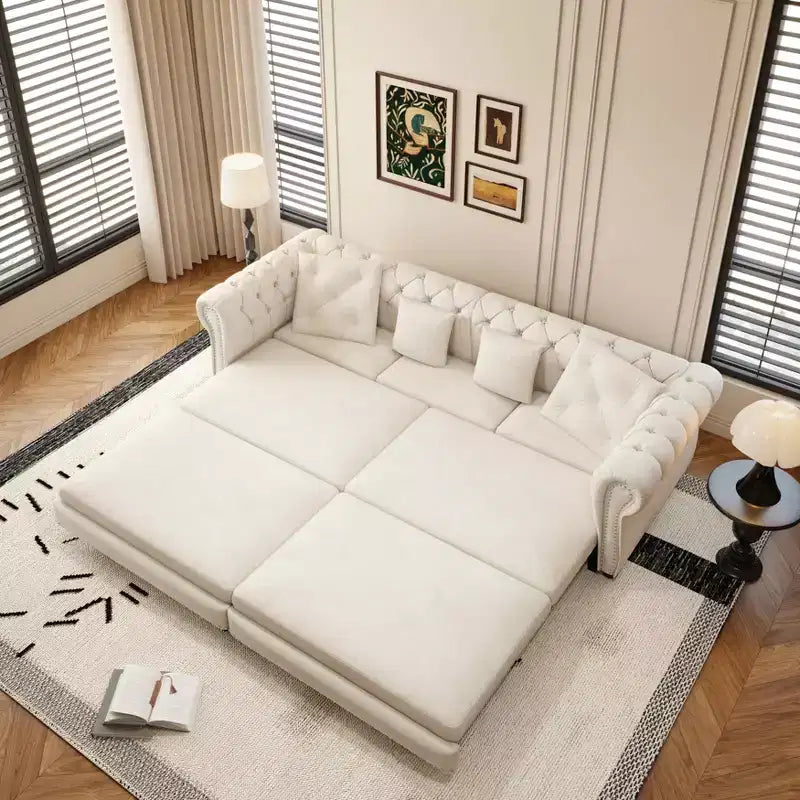 Divano Letto a 3 Posti in Velluto da 226 cm con Ottomana Spostabile, Estraibile 3-in-1 Misura King
