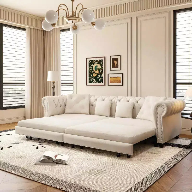 Divano Letto a 3 Posti in Velluto da 226 cm con Ottomana Spostabile, Estraibile 3-in-1 Misura King