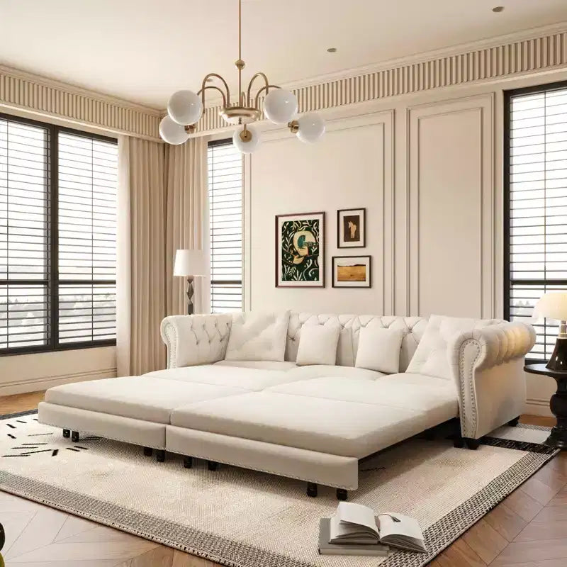 Divano Letto a 3 Posti in Velluto da 226 cm con Ottomana Spostabile, Estraibile 3-in-1 Misura King