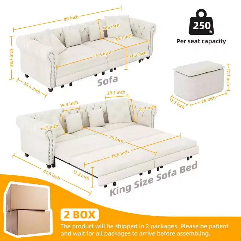 Divano Letto a 3 Posti in Velluto da 226 cm con Ottomana Spostabile, Estraibile 3-in-1 Misura King