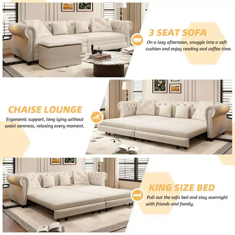 Divano Letto a 3 Posti in Velluto da 226 cm con Ottomana Spostabile, Estraibile 3-in-1 Misura King