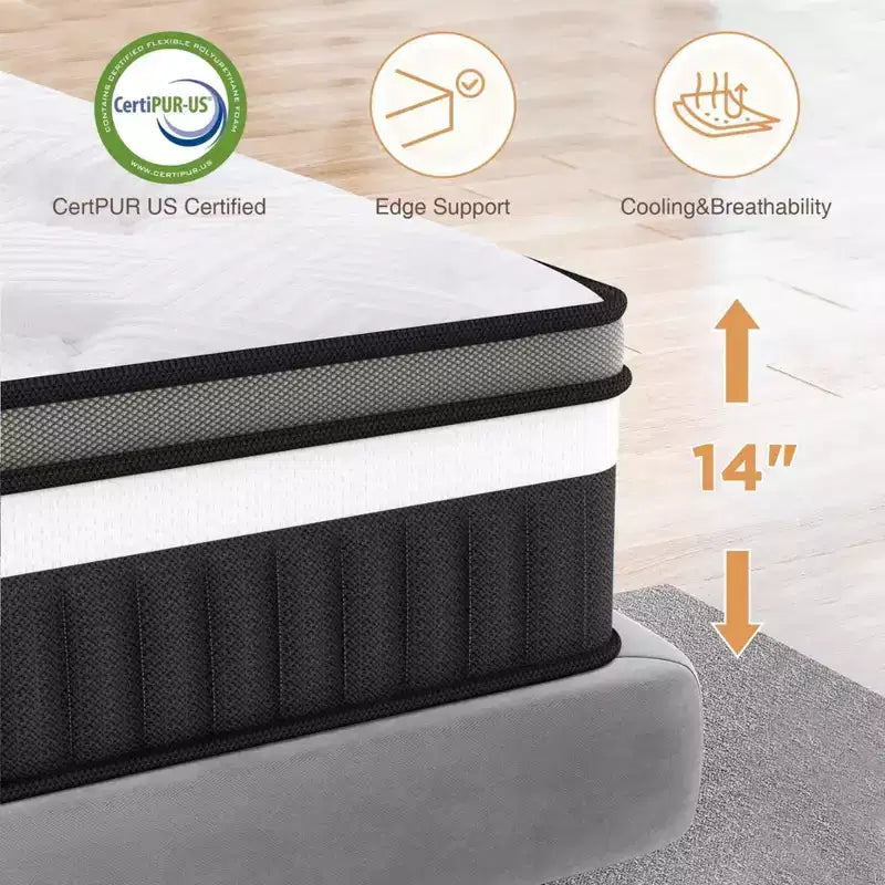 Materasso Matrimoniale 14 Pollici, Materasso in Memory Foam, Materasso Ibrido Rinfrescante con Gel, Letto in Scatola a Media Fermezza per Alleviare la Pressione e Isolare il Movimento