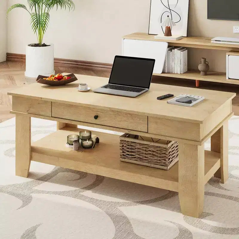 Tavolino da caffè rustico lungo con cassetto e ripiano portaoggetti, tavolino da centro in stile rustico da 120 cm per soggiorno, facile da pulire, fino a 136 kg