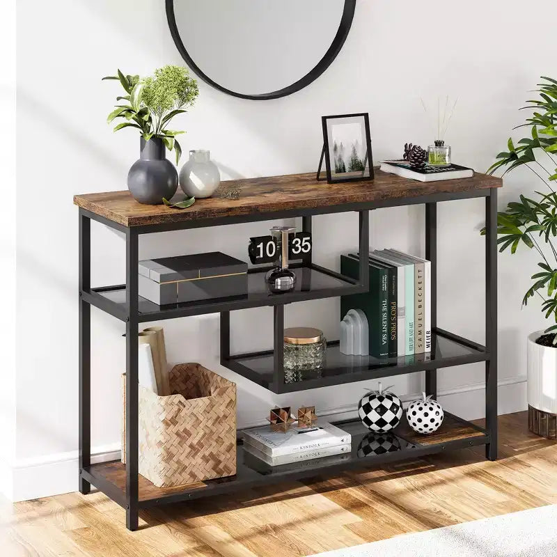 Tavolo consolle da divano stretto marrone rustico da 39,4" con stazione di ricarica e porte USB