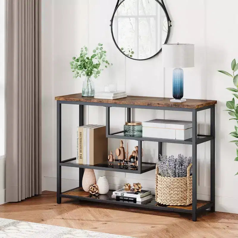 Tavolo consolle da divano stretto marrone rustico da 39,4" con stazione di ricarica e porte USB