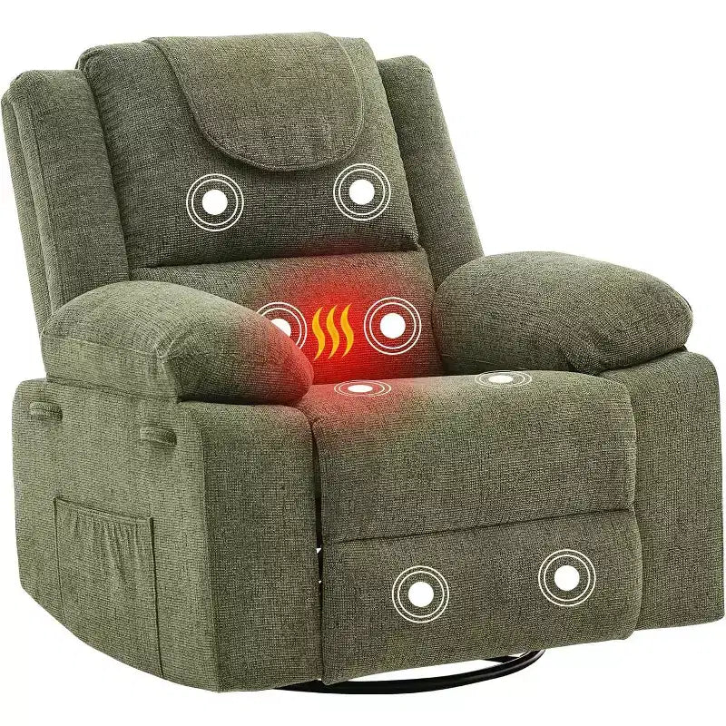 Oversized Rocker Recliner Chair, 360 Swivel Glider Nursery Recliner with Vibration Massage & Heat, Single Sofa for Living Room, Bedroom, Green