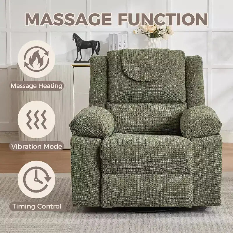 Poltrona Reclinabile Oversize Rocker, Recliner da Vivaio Girevole a 360° con Massaggio Vibrante e Riscaldamento, Divano Singolo per Soggiorno, Camera da Letto, Verde
