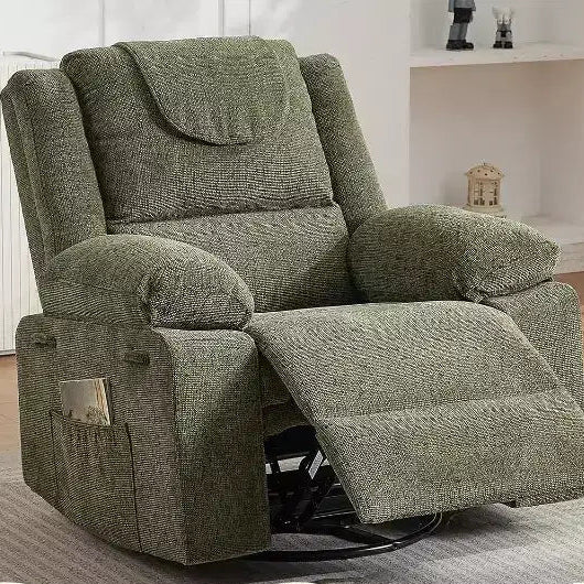 Poltrona Reclinabile Oversize Rocker, Recliner da Vivaio Girevole a 360° con Massaggio Vibrante e Riscaldamento, Divano Singolo per Soggiorno, Camera da Letto, Verde
