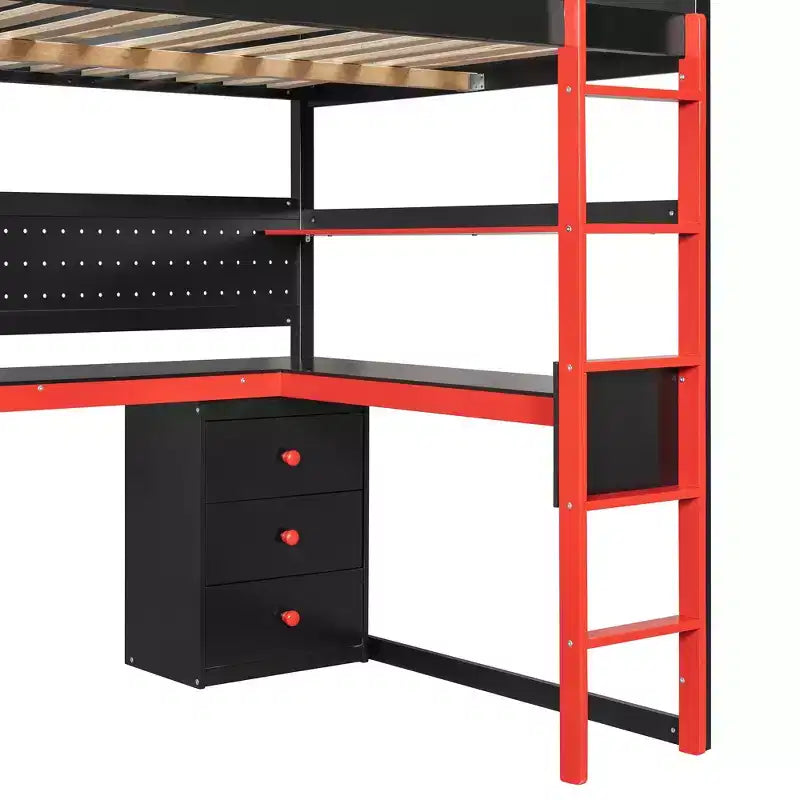 Letto a soppalco moderno a una piazza e mezza con scale contenitore, scrivania a U, cassetti e pannello forato