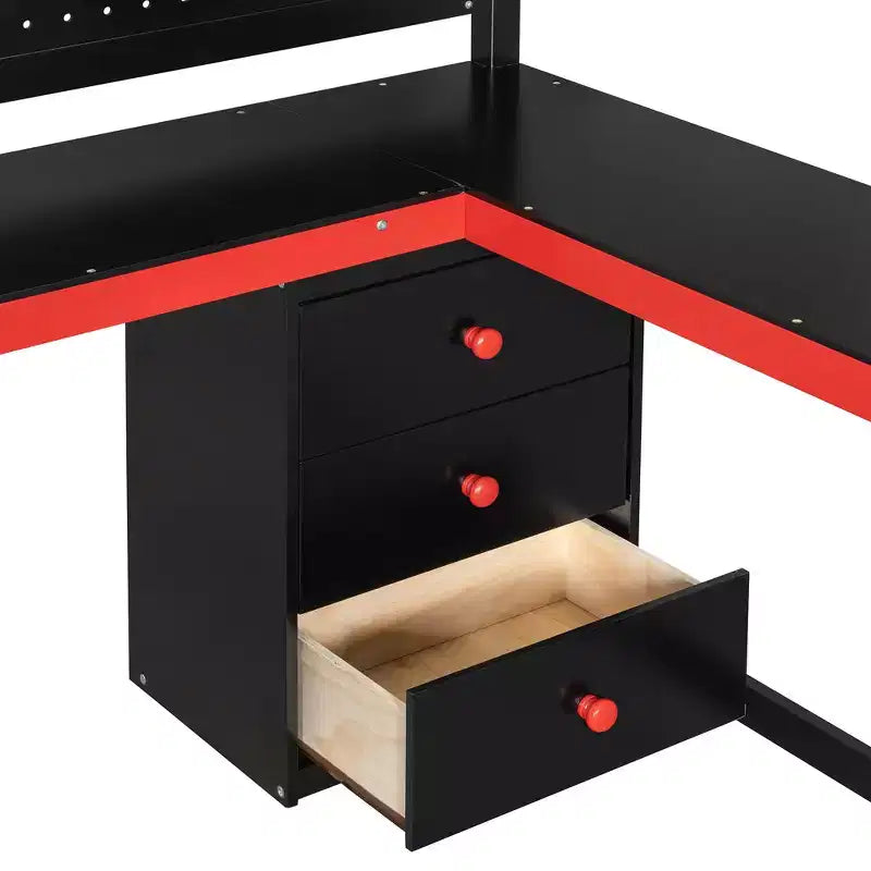 Letto a soppalco moderno a una piazza e mezza con scale contenitore, scrivania a U, cassetti e pannello forato
